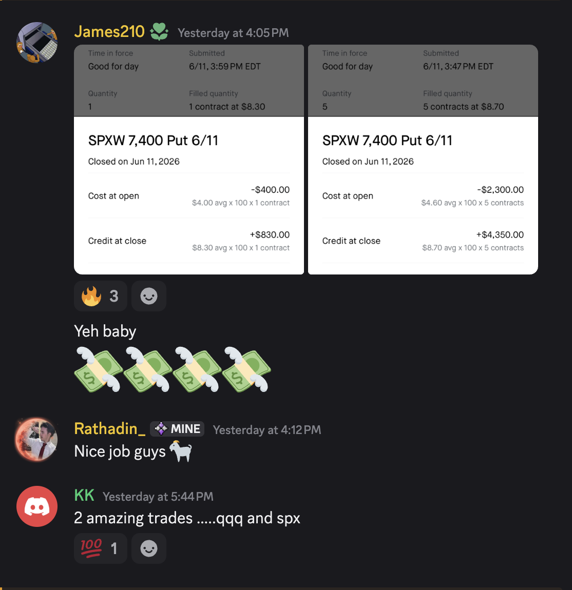 Members sharing closed SPXW trades in the DDT Discord